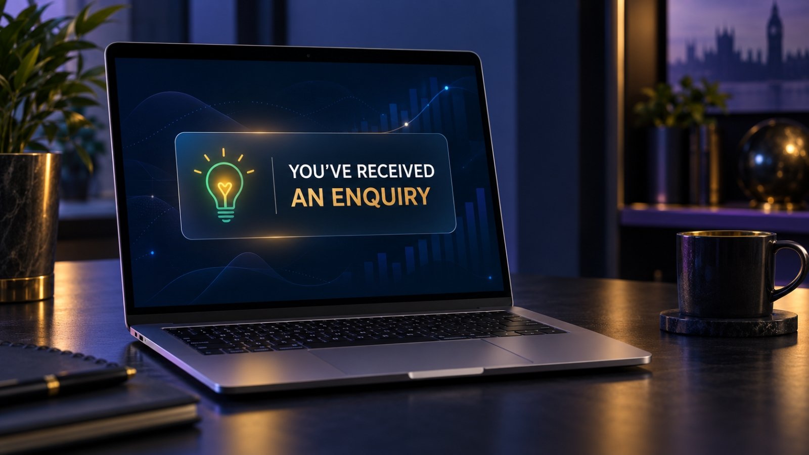 A business laptop with a notification stating that the company has received an online enquiry.