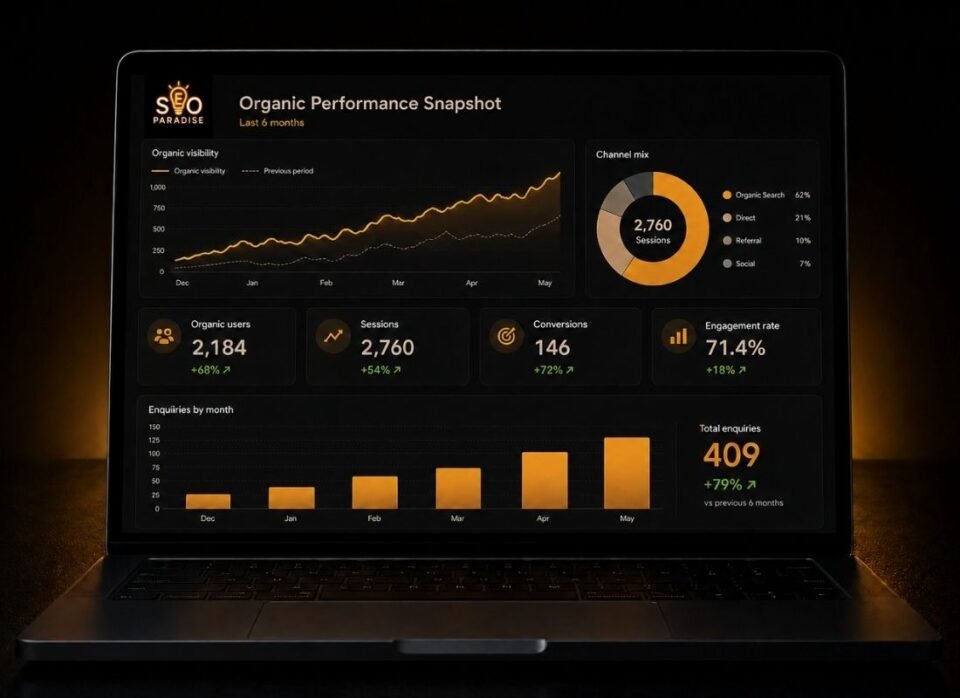 SEO Paradise client dashboard, showing positive growth across a 6 month period. SEO Paradise is the go to SEO, digital marketing agency in Southend, supporting local and regional businesses reach their goals as a business.
