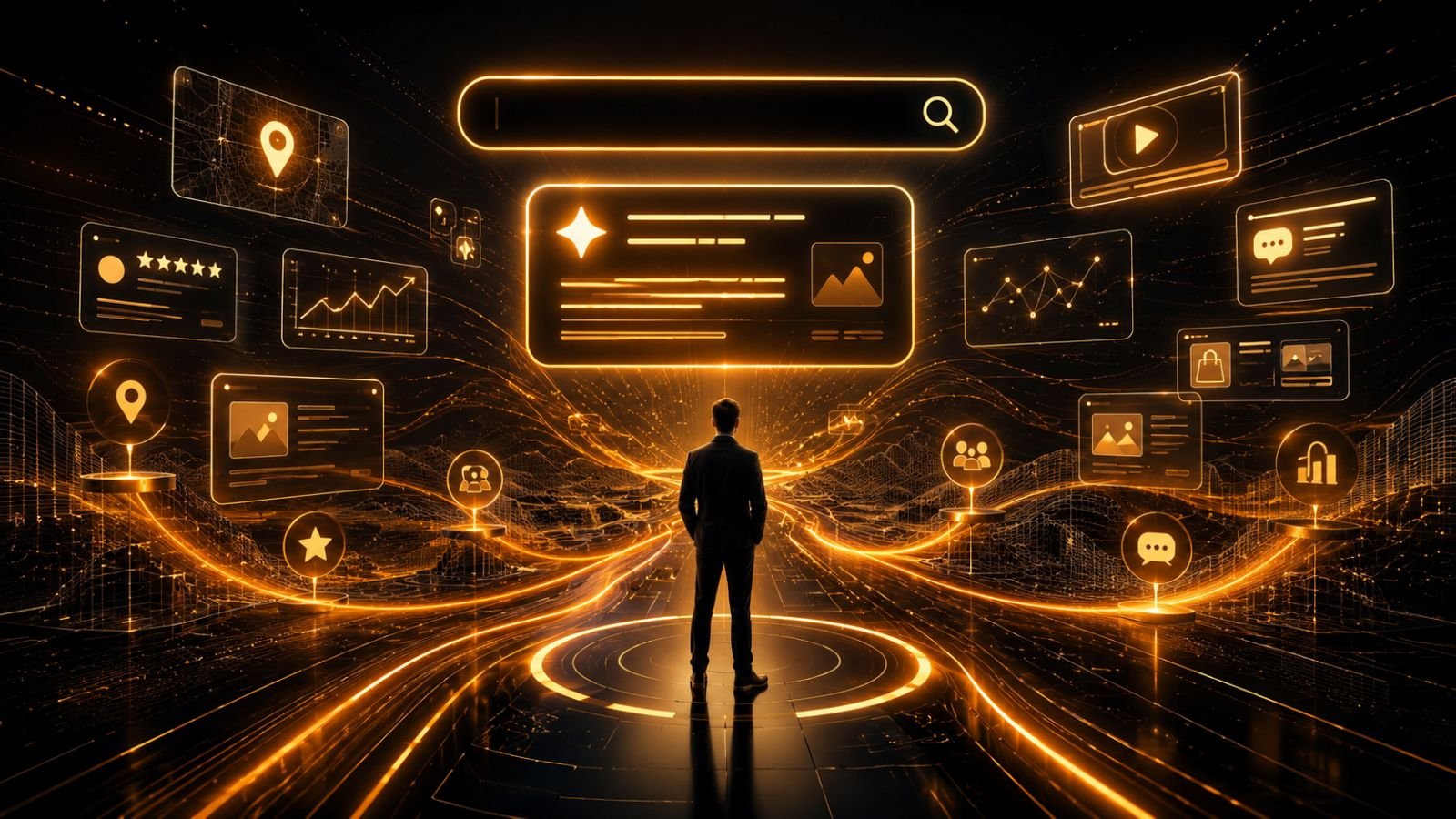 The Rise of Zero-Click Searches | What It Means for Businesses Today 5 Futuristic SEO landscape showing businesses navigating AI search, Google visibility, reviews, maps and social discovery.